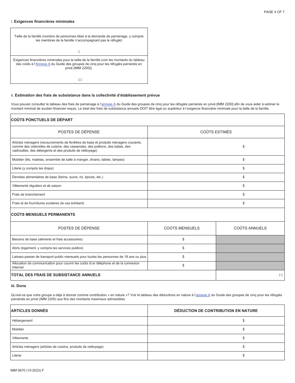 Forme IMM5670 Engagement De Parrainage Et Plan Detablissement - Groupes De Cinq - Canada (French), Page 4