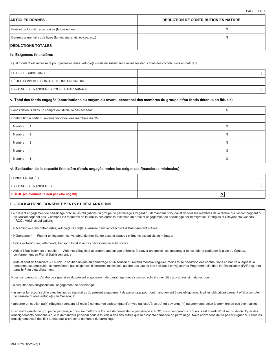 Forme IMM5670 Engagement De Parrainage Et Plan Detablissement - Groupes De Cinq - Canada (French), Page 5