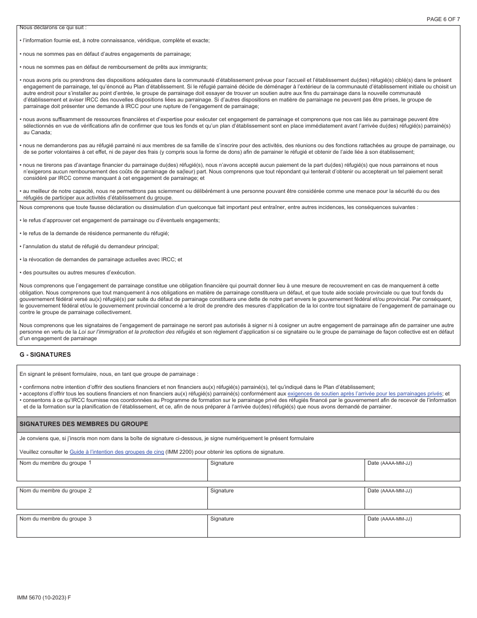 Forme IMM5670 Engagement De Parrainage Et Plan Detablissement - Groupes De Cinq - Canada (French), Page 6