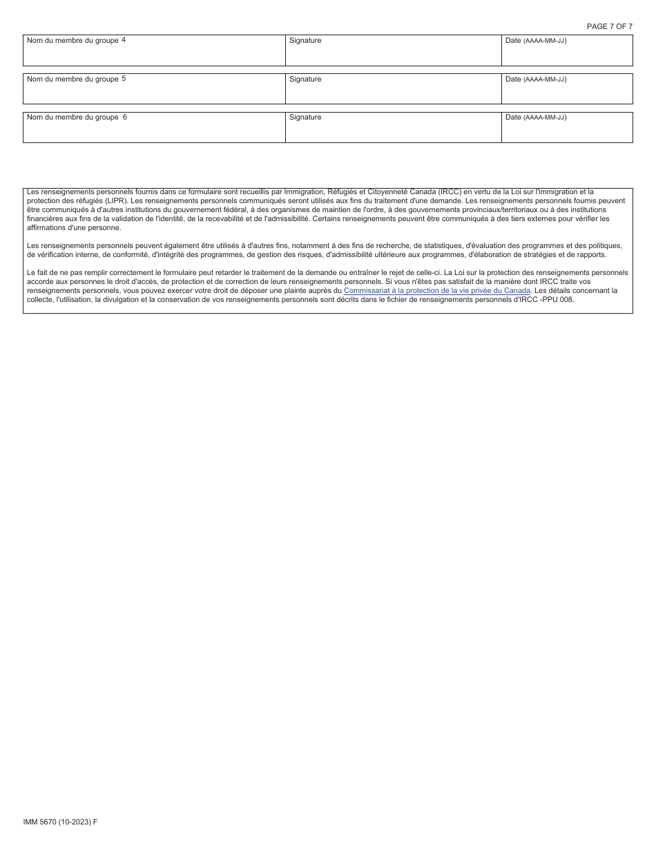 Forme IMM5670 Engagement De Parrainage Et Plan Detablissement - Groupes De Cinq - Canada (French), Page 7