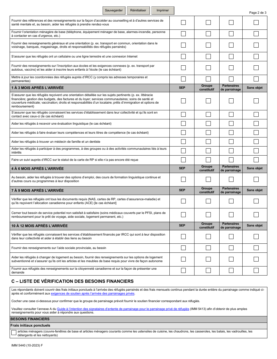 Forme IMM5440 Plan Detablissement - Signataires Dentente De Parrainage (Sep) - Plan De Gestion DES Risques a - Canada (French), Page 2