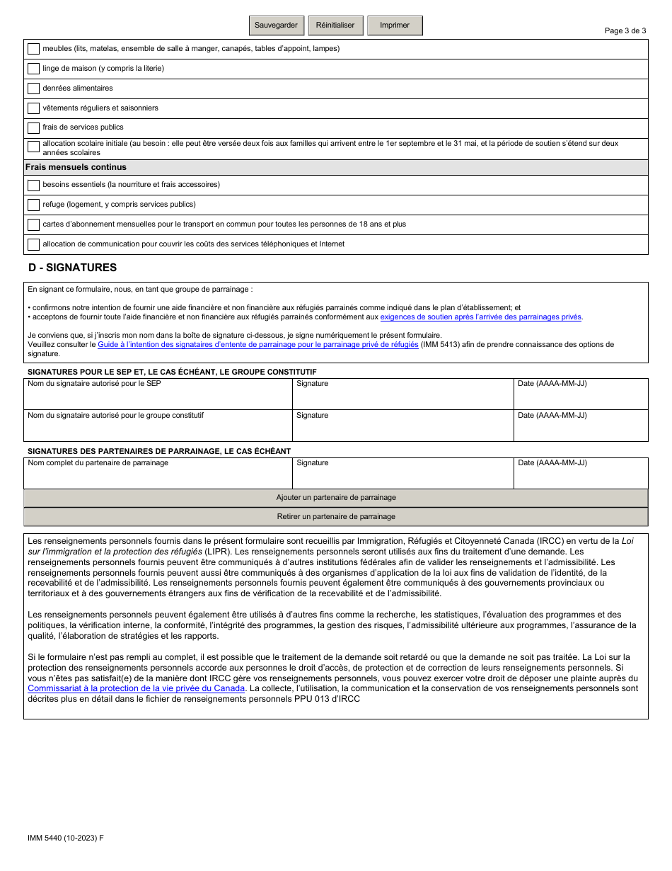 Forme IMM5440 Plan Detablissement - Signataires Dentente De Parrainage (Sep) - Plan De Gestion DES Risques a - Canada (French), Page 3