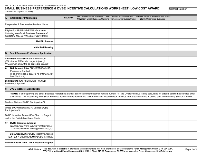 Form DOT ADM-4038 Small Business Preference & Dvbe Incentive Calculations Worksheet (Low Cost Award) - California