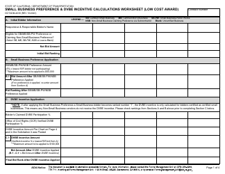 Form DOT ADM-4038 Small Business Preference &amp; Dvbe Incentive Calculations Worksheet (Low Cost Award) - California