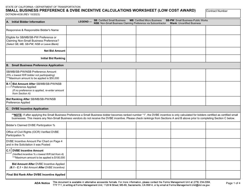 Form DOT ADM-4038 Small Business Preference  Dvbe Incentive Calculations Worksheet (Low Cost Award) - California, Page 1