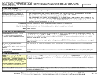 Form DOT ADM-4038 Small Business Preference &amp; Dvbe Incentive Calculations Worksheet (Low Cost Award) - California, Page 2