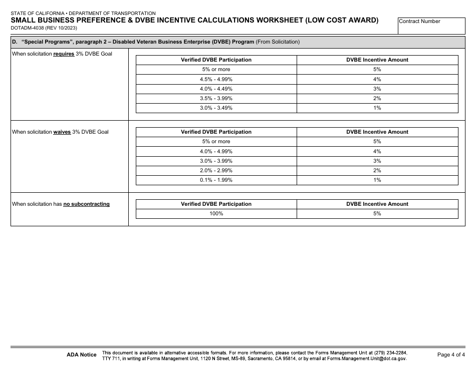 Form DOT ADM-4038 Small Business Preference  Dvbe Incentive Calculations Worksheet (Low Cost Award) - California, Page 4