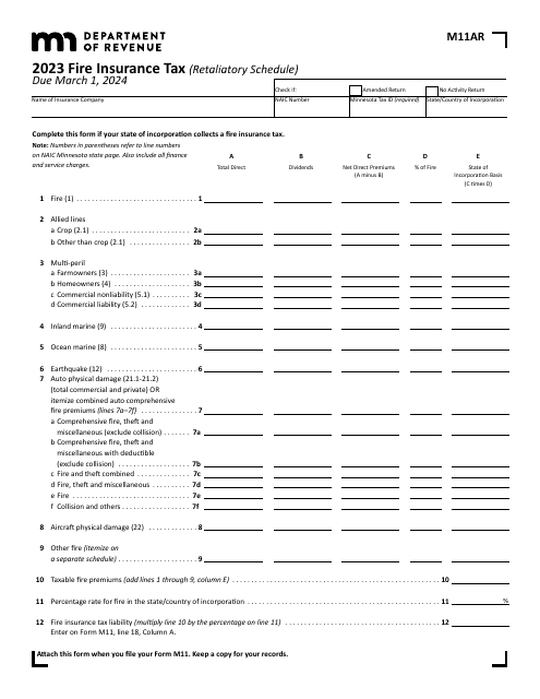 Form M11AR Fire Insurance Tax (Retaliatory Schedule) - Minnesota, 2023