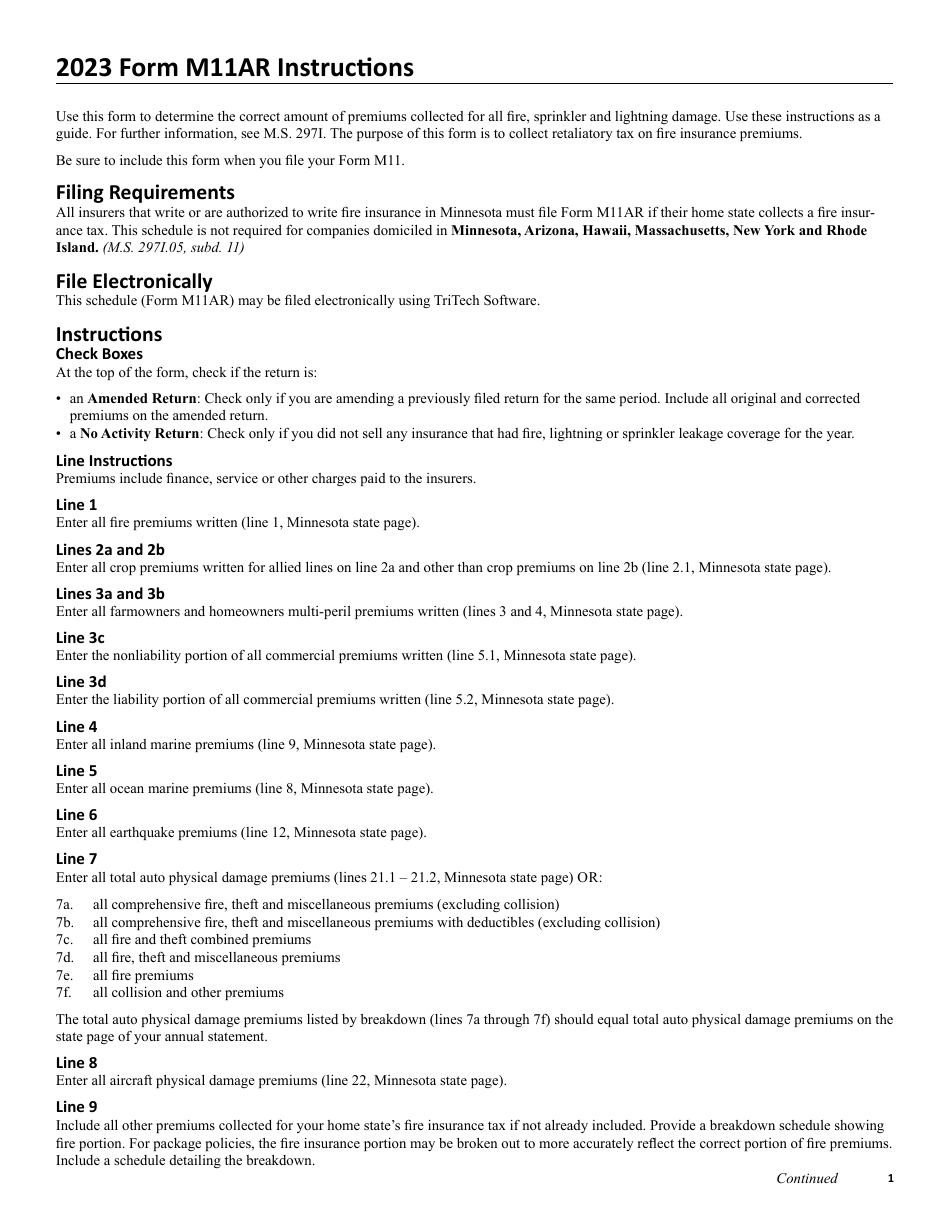 Form M11AR Fire Insurance Tax (Retaliatory Schedule) - Minnesota, Page 2