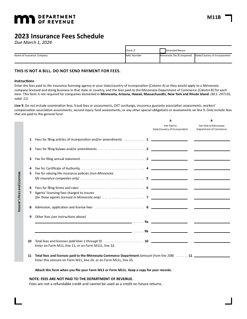 Form M11B Insurance Fees Schedule - Minnesota, 2023