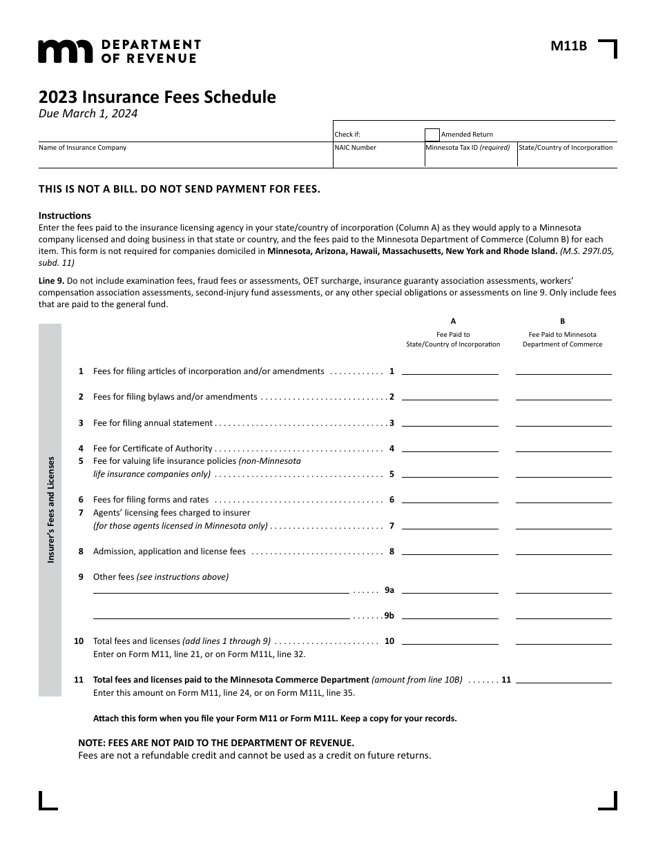 Form M11B Insurance Fees Schedule - Minnesota, Page 1