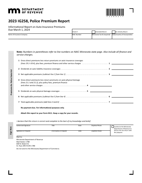 Form IG258 Police Premium Report - Minnesota, 2023