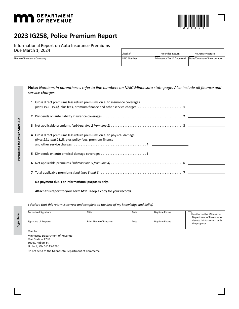 Form IG258 Police Premium Report - Minnesota, Page 1