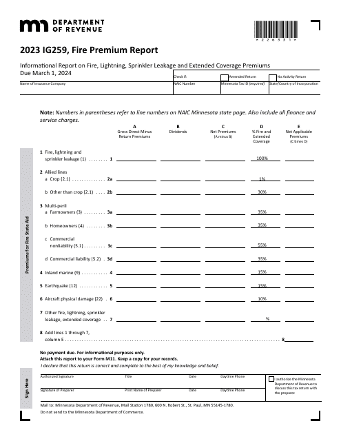 Form IG259 Fire Premium Report - Minnesota, 2023