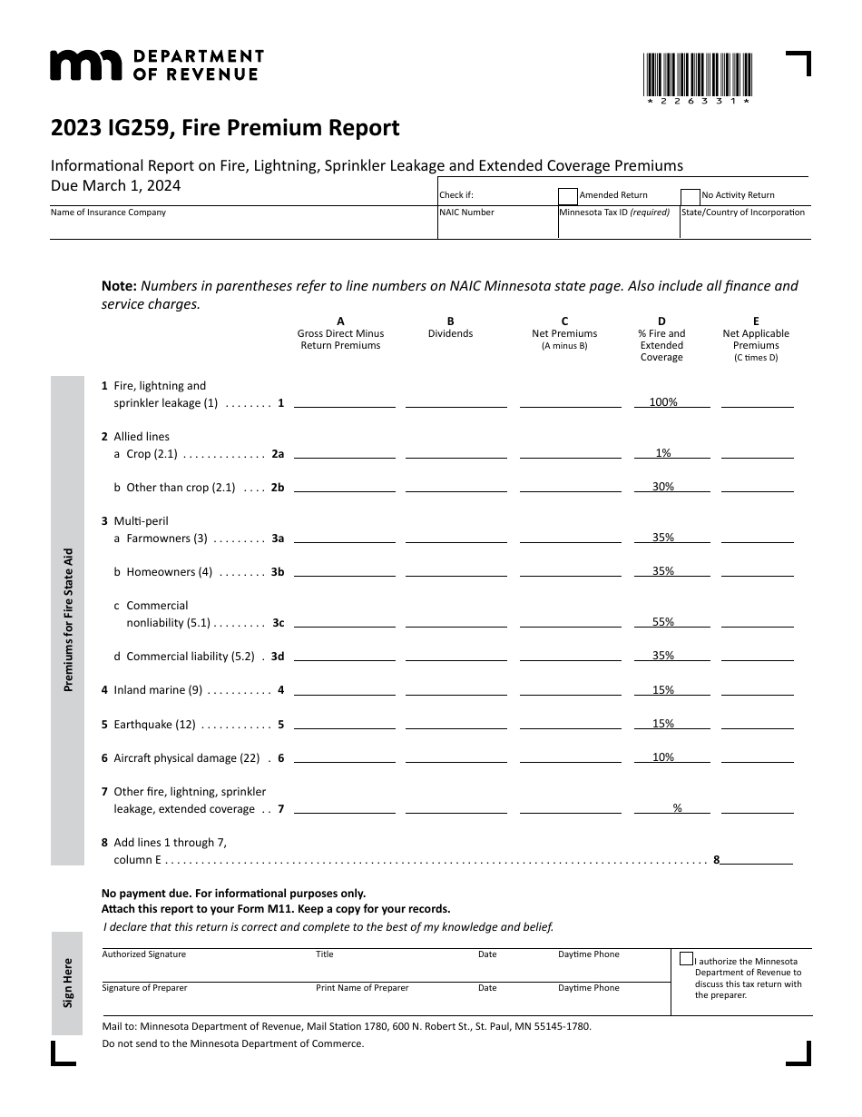 Form IG259 Fire Premium Report - Minnesota, Page 1