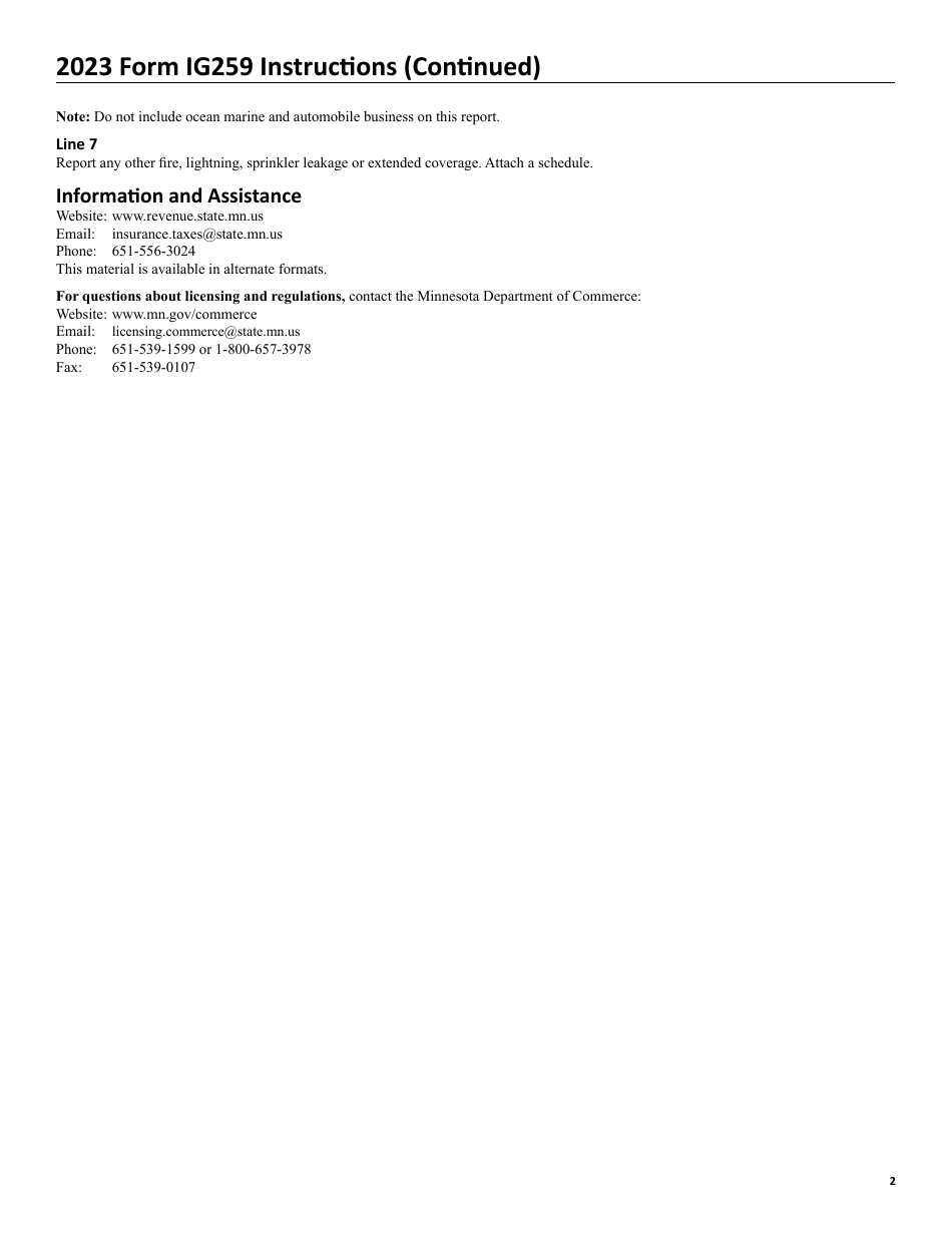 Form IG259 Fire Premium Report - Minnesota, Page 3