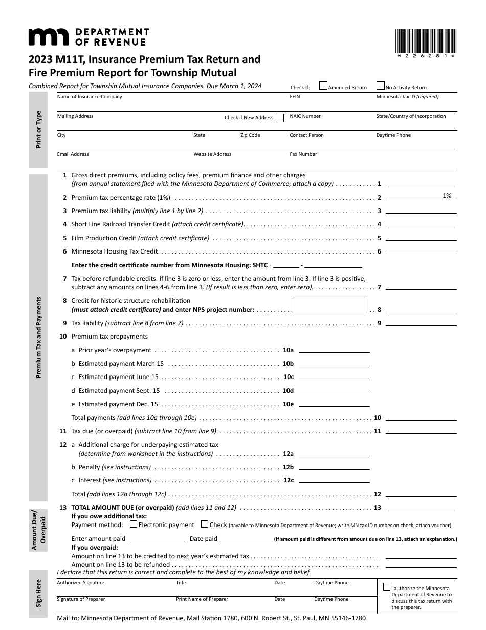 Form M11T Insurance Premium Tax Return and Fire Premium Report for Township Mutual - Minnesota, Page 1