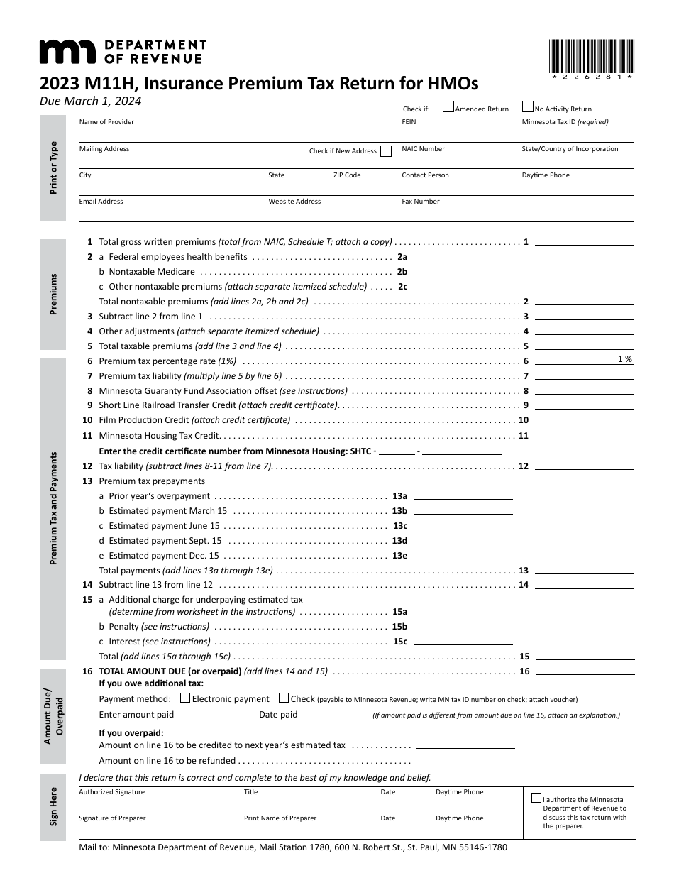 Form M11H Insurance Premium Tax Return for Hmos - Minnesota, Page 1