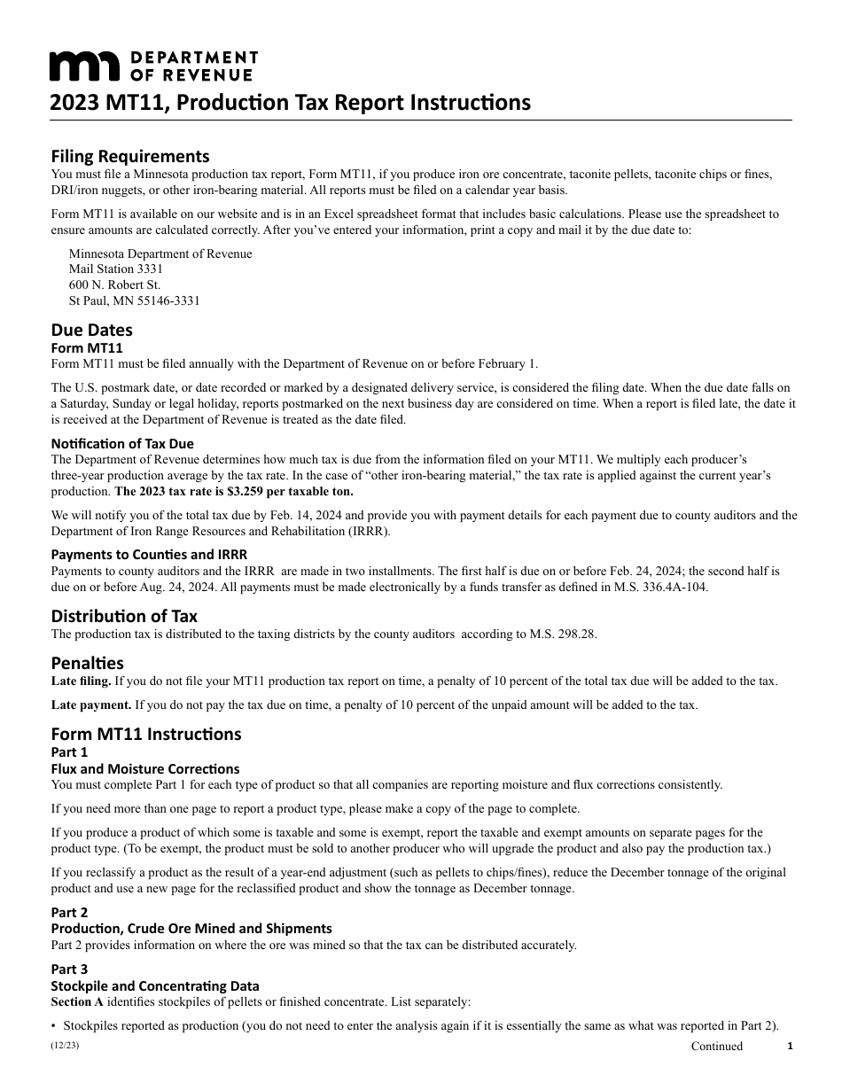 Instructions for Form MT11 Production Tax Report - Minnesota, Page 1