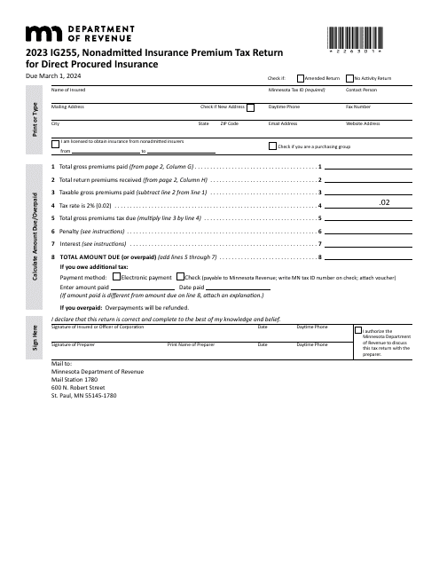 Form IG255 Nonadmitted Insurance Premium Tax Return for Direct Procured Insurance - Minnesota, 2023