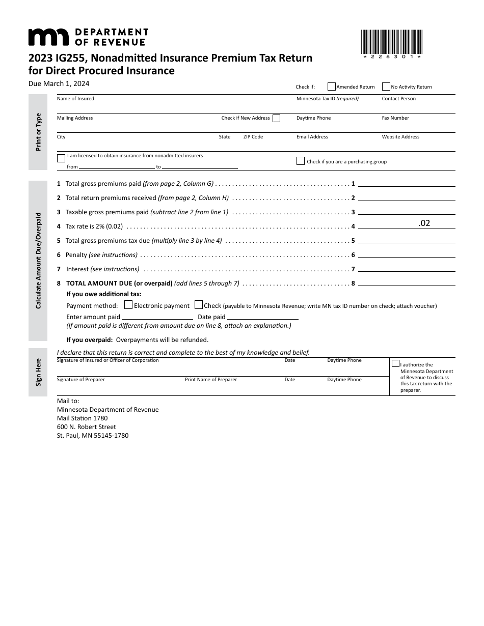 Form IG255 Nonadmitted Insurance Premium Tax Return for Direct Procured Insurance - Minnesota, Page 1