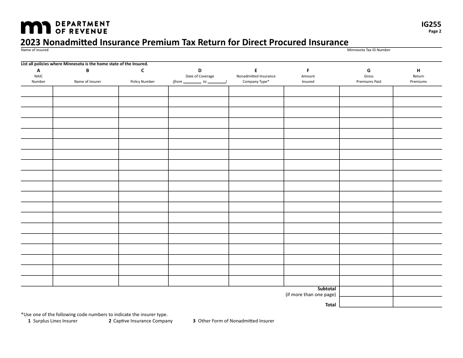 Form IG255 Nonadmitted Insurance Premium Tax Return for Direct Procured Insurance - Minnesota, Page 2