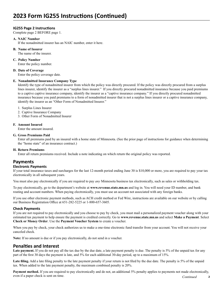 Form IG255 Nonadmitted Insurance Premium Tax Return for Direct Procured Insurance - Minnesota, Page 4