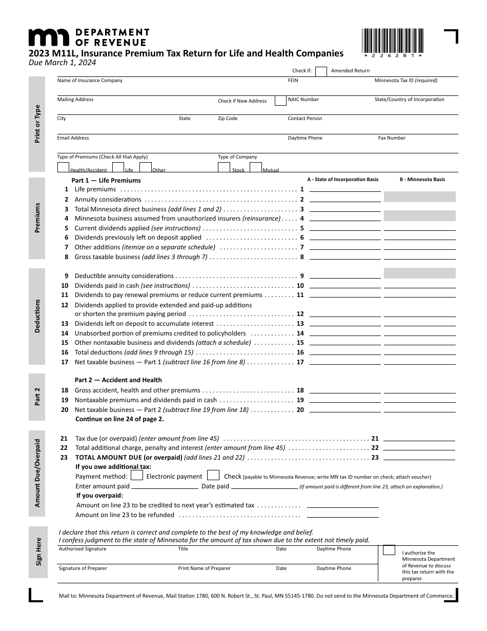 Form M11L Insurance Premium Tax Return for Life and Health Companies - Minnesota, Page 1