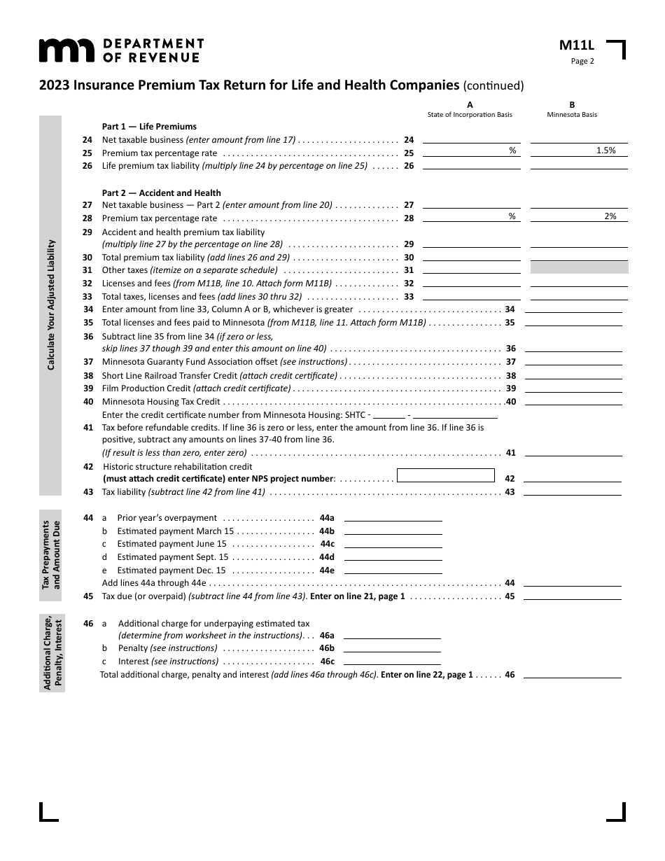 Form M11L Insurance Premium Tax Return for Life and Health Companies - Minnesota, Page 2