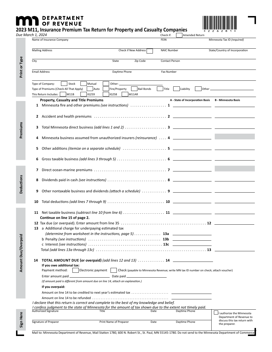 Form M11 Insurance Premium Tax Return for Property and Casualty Companies - Minnesota, Page 1