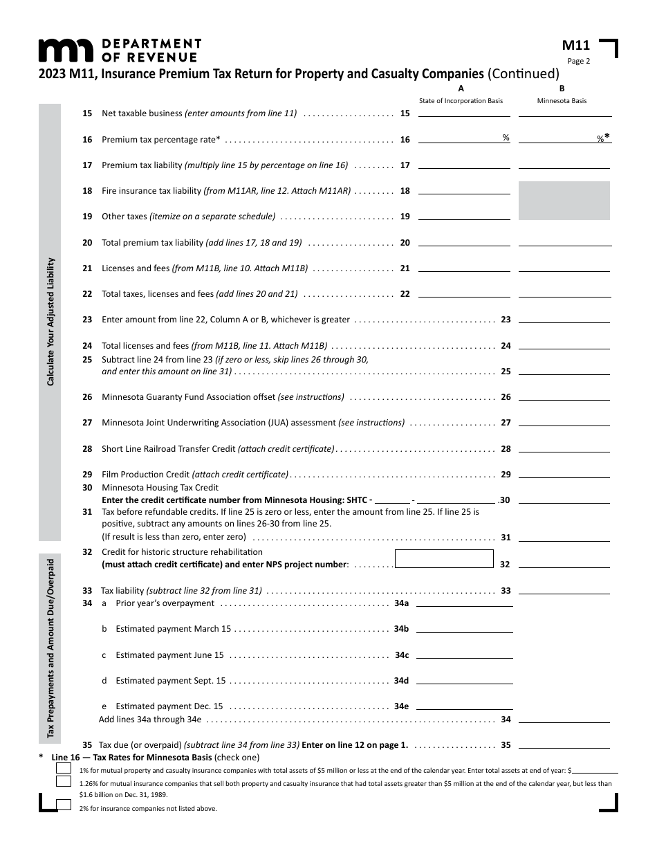 Form M11 Insurance Premium Tax Return for Property and Casualty Companies - Minnesota, Page 2