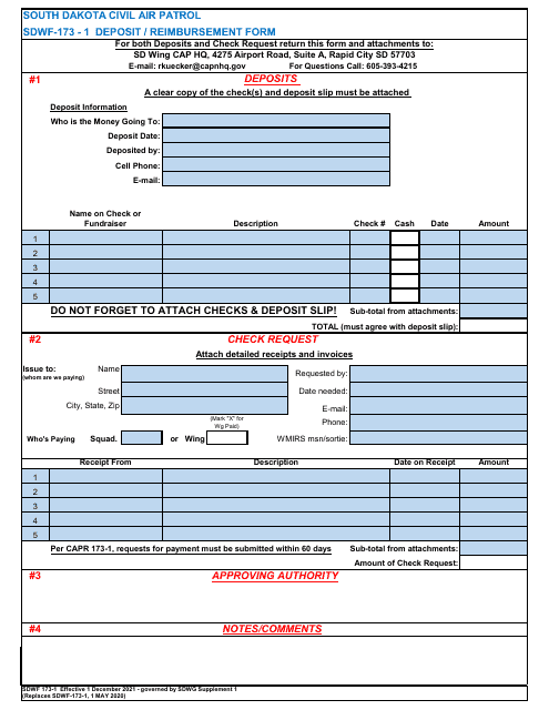 Form SDWF173-1 Deposit/Reimbursement Form