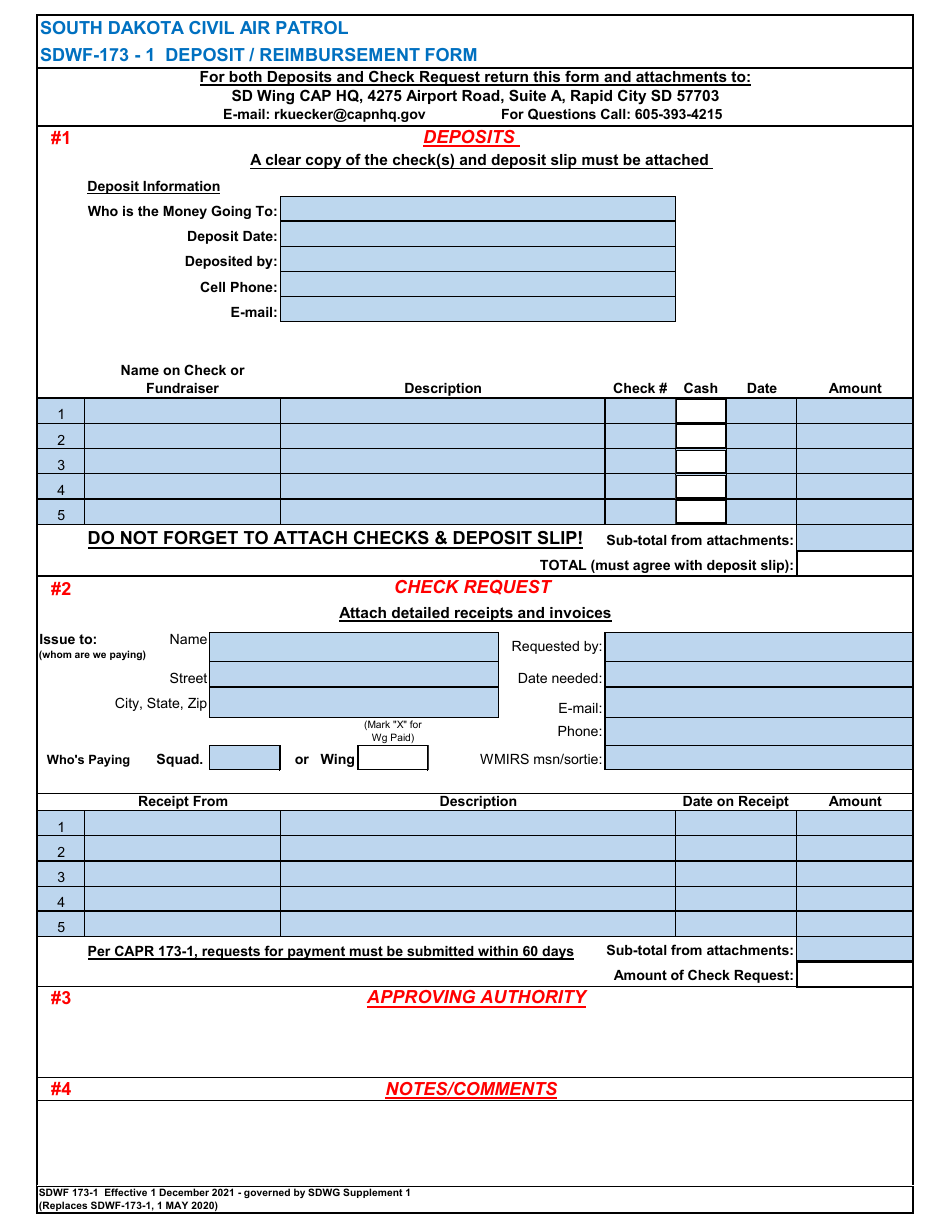 Form SDWF173-1 Deposit / Reimbursement Form, Page 1