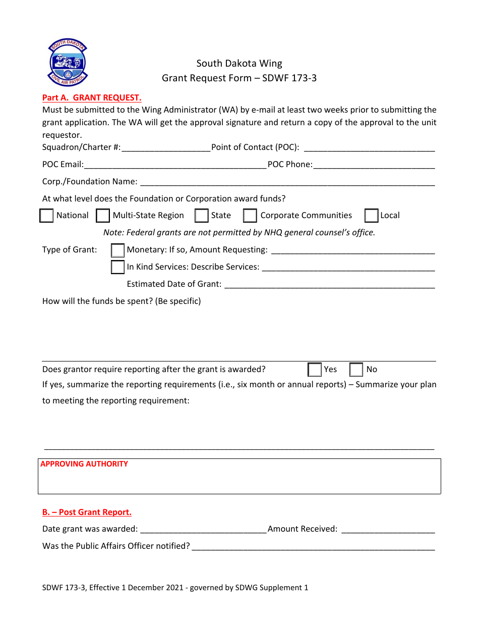 Form SDWF173-3 Grant Request Form, Page 1