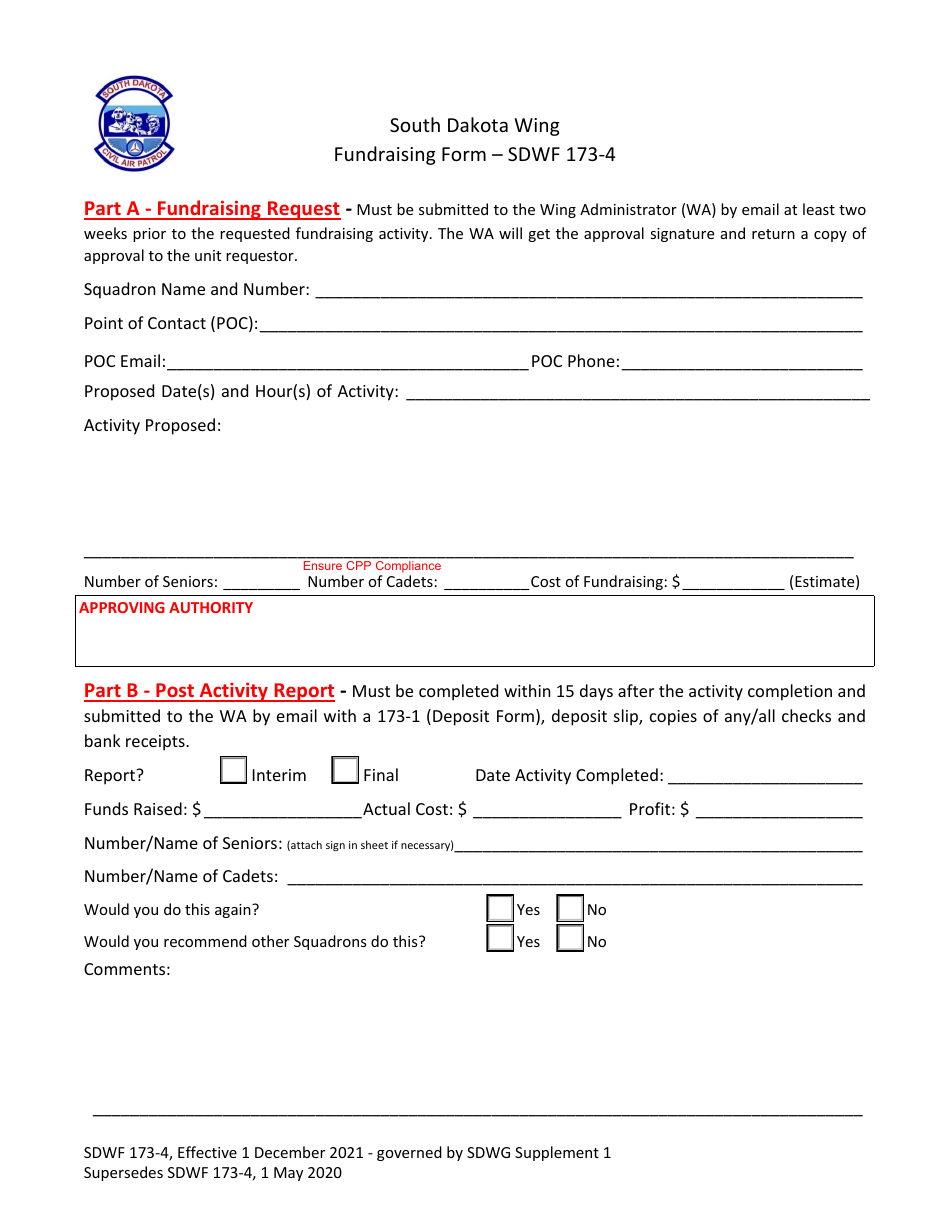 Form SDWF173-4 Fundraising Form, Page 1