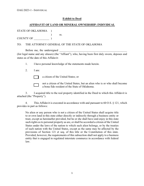Affidavit of Land or Mineral Ownership: Individual - Oklahoma
