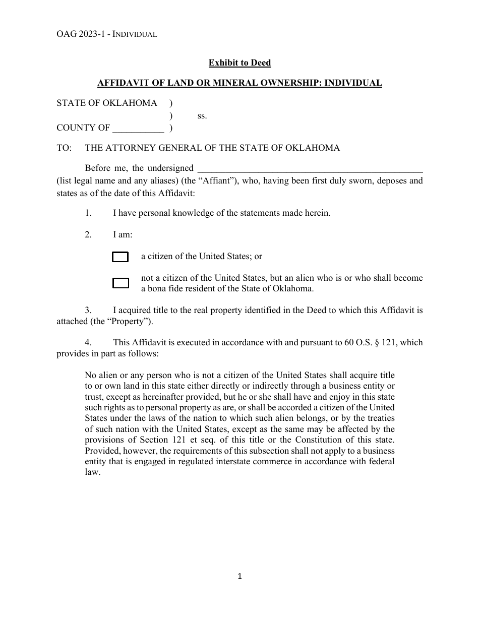 Affidavit of Land or Mineral Ownership: Individual - Oklahoma, Page 1