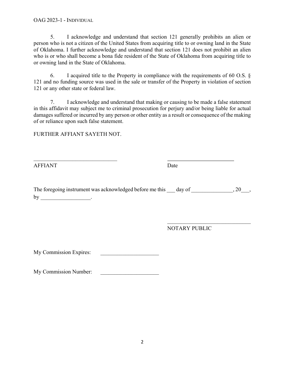 Oklahoma Affidavit Of Land Or Mineral Ownership: Individual - Fill Out 