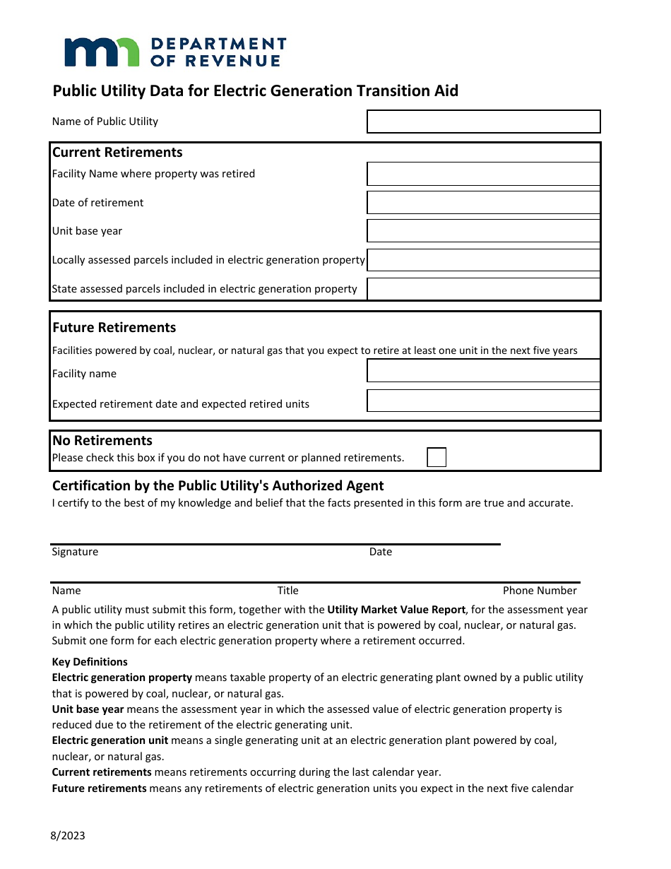 Public Utility Data for Electric Generation Transition Aid - Minnesota, Page 1