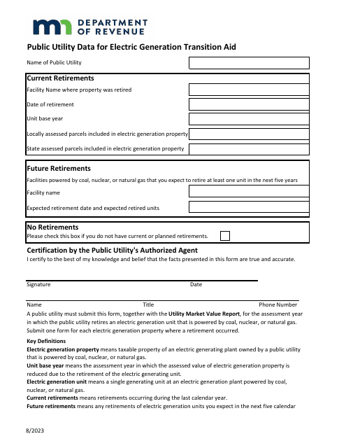 Public Utility Data for Electric Generation Transition Aid - Minnesota Download Pdf