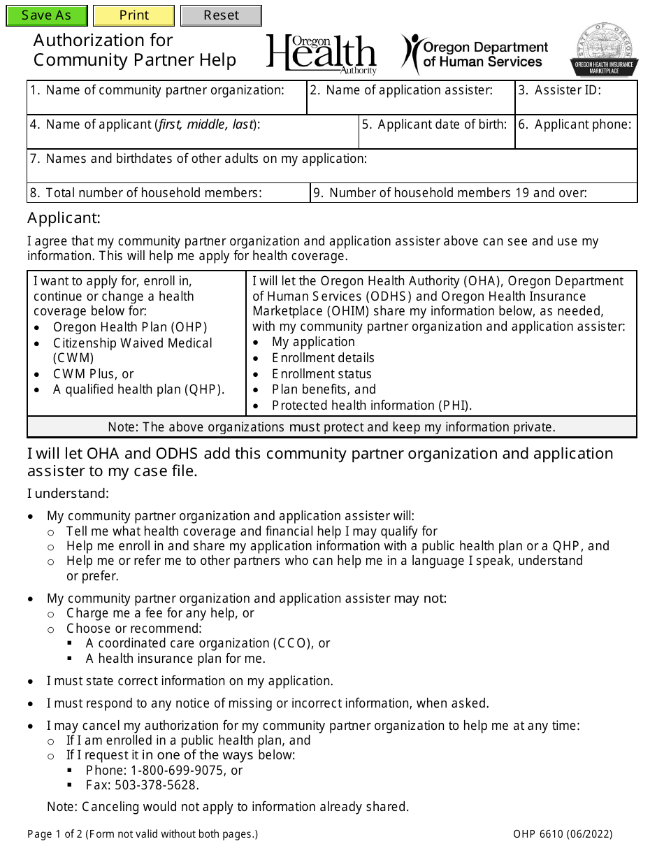Form OHP6610 Authorization for Community Partner Help - Oregon, Page 1