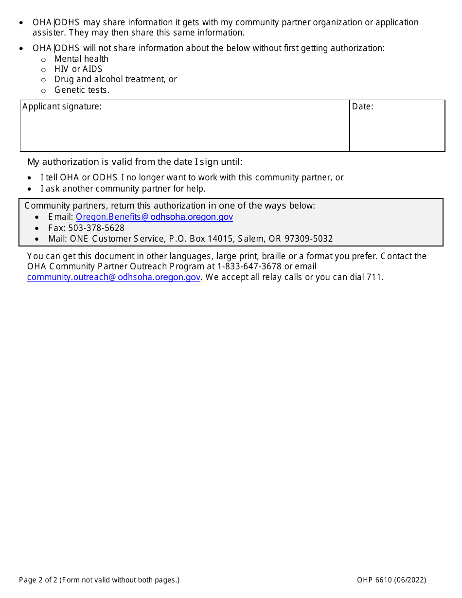 Form OHP6610 Authorization for Community Partner Help - Oregon, Page 2