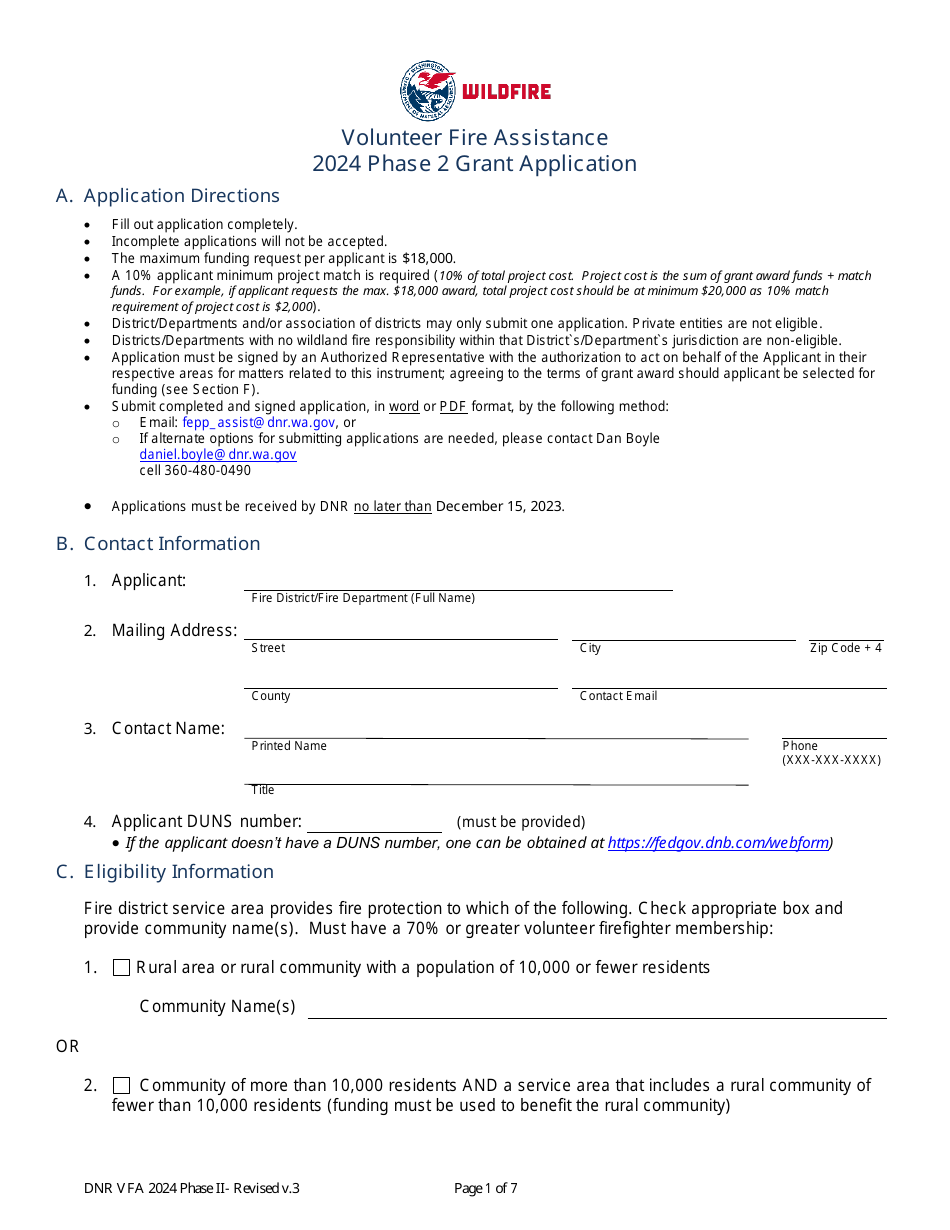 Volunteer Fire Assistance Phase 2 Grant Application - Washington, Page 1