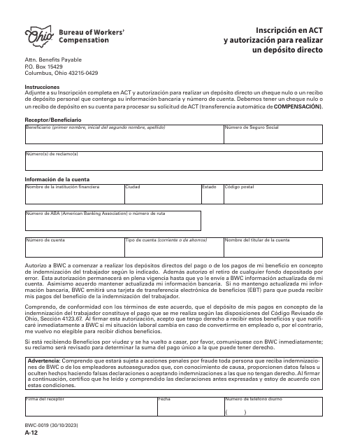 Formulario A-12 (BWC-0019) Inscripcion En Act Y Autorizacion Para Realizar Un Deposito Directo - Ohio (Spanish)