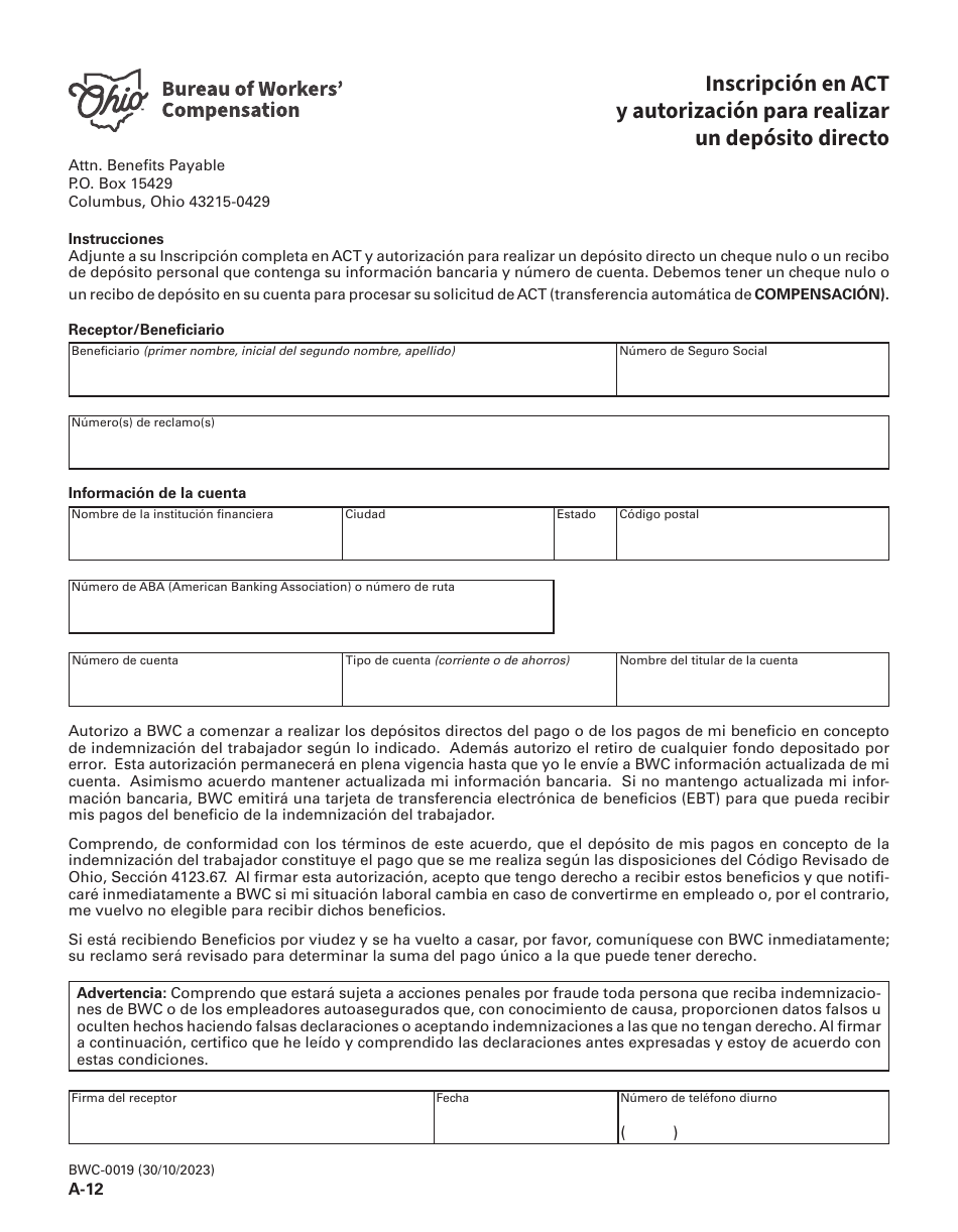 Formulario A-12 (BWC-0019) Inscripcion En Act Y Autorizacion Para Realizar Un Deposito Directo - Ohio (Spanish), Page 1