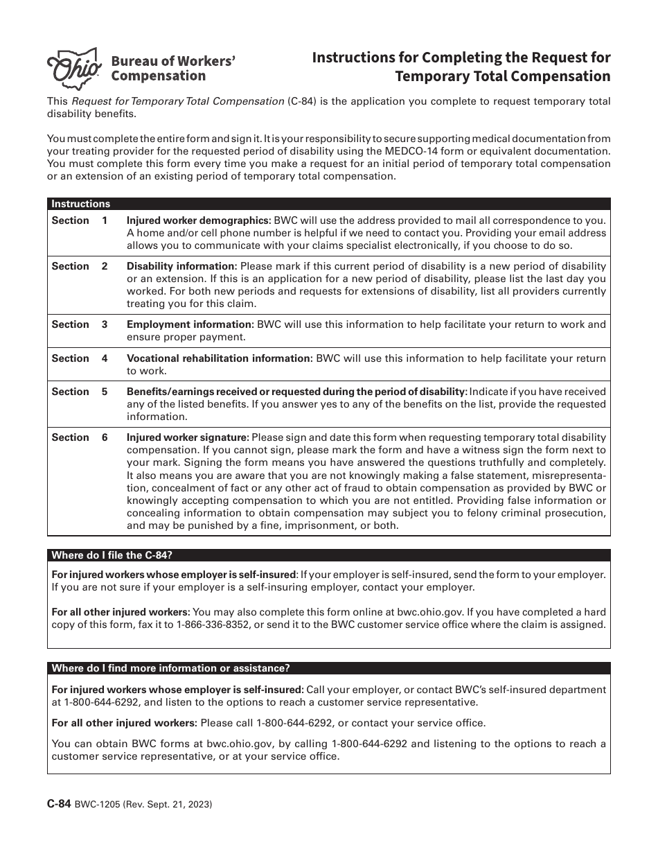 Form C-84 (BWC-1205) Request for Temporary Total Compensation - Ohio, Page 1