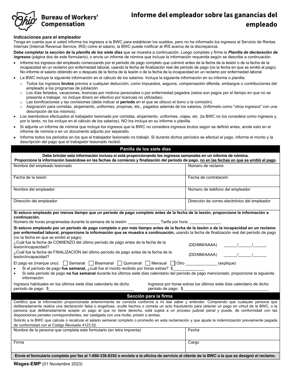 Formulario WAGES-EMP Informe Del Empleador Sobre Las Ganancias Del Empleado - Ohio (Spanish), Page 1