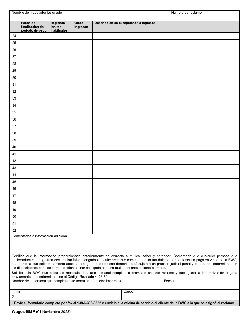 Formulario WAGES-EMP Informe Del Empleador Sobre Las Ganancias Del Empleado - Ohio (Spanish), Page 3