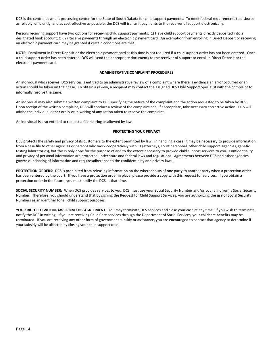 Form DSS-SE-408 Request for Child Support Services - South Dakota, Page 14