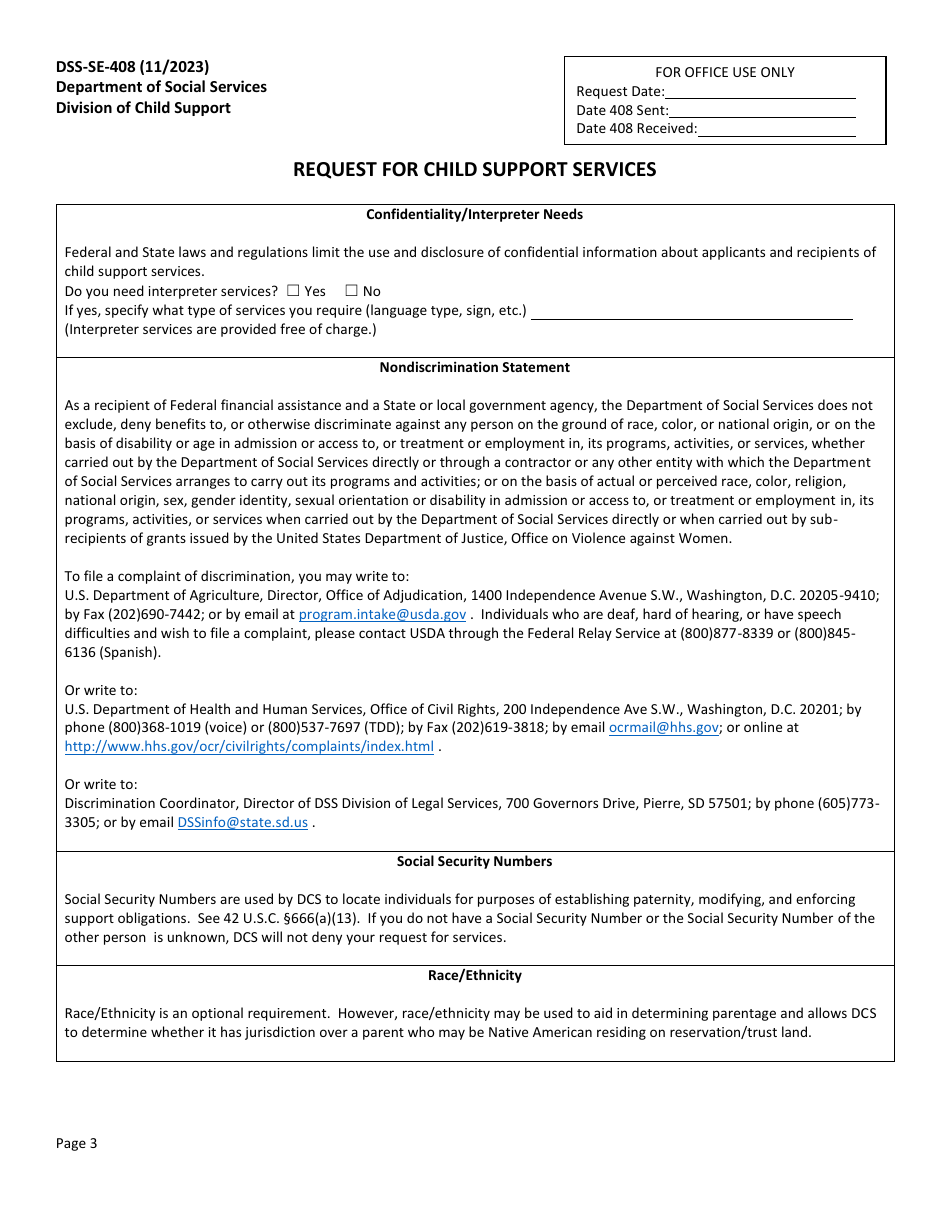 Form DSS-SE-408 Request for Child Support Services - South Dakota, Page 3